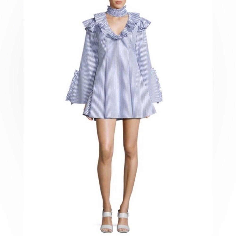 Caroline Constas Micki Choker V Neck Cotton Striped Ruffle Dress 4 - Picture 10 of 13